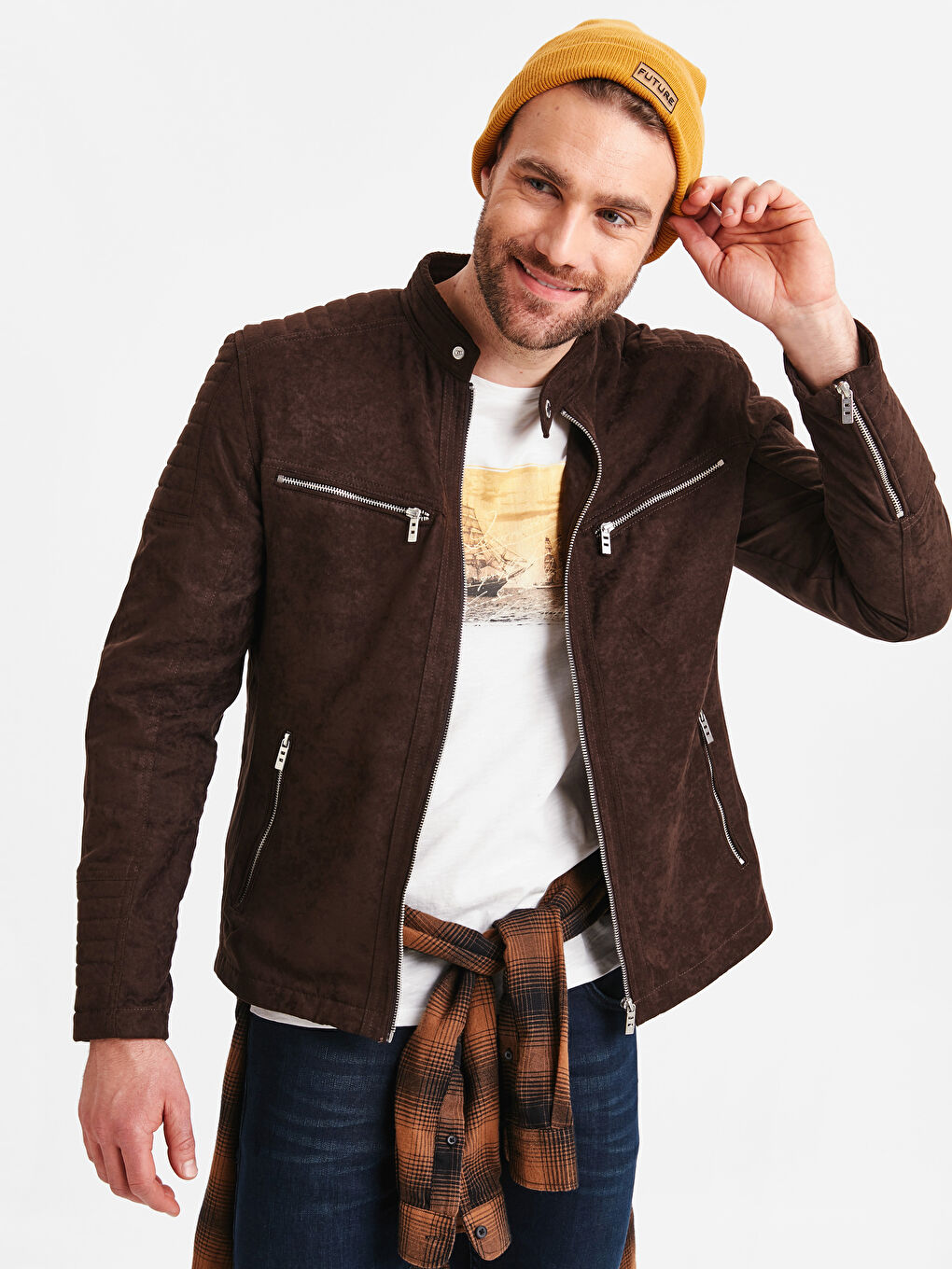 Kahverengi Deri Görünümlü Mont