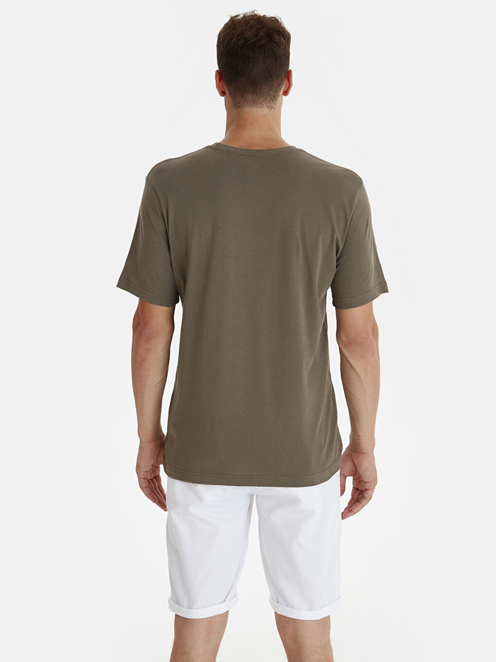 Kahverengi Bisiklet Yaka Kısa Kollu Basic Penye Erkek Tişört-1