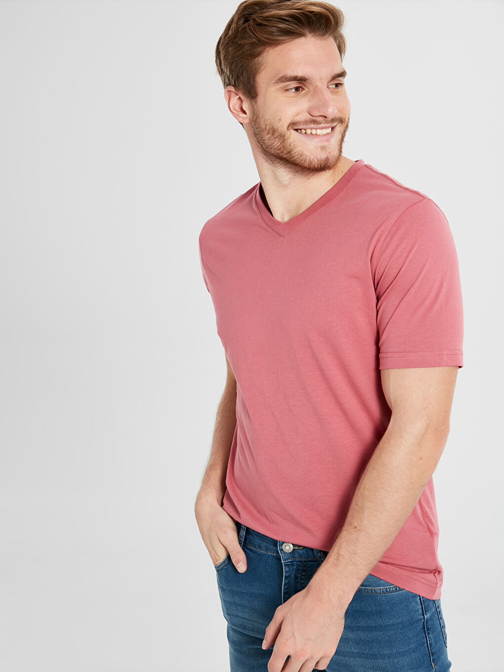 Pembe V Yaka Kısa Kollu Basic Pamuklu Tişört-1