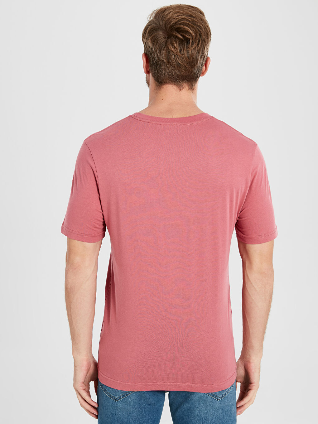 Pembe V Yaka Kısa Kollu Basic Pamuklu Tişört-2