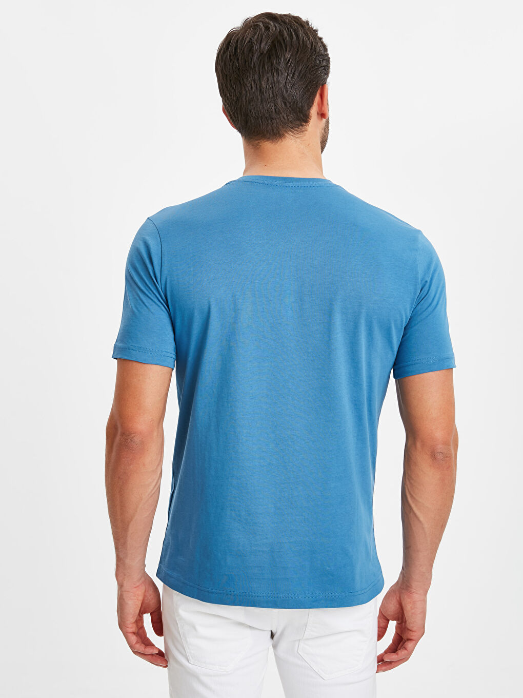 Mavi V Yaka Kısa Kollu Basic Pamuklu Tişört-1