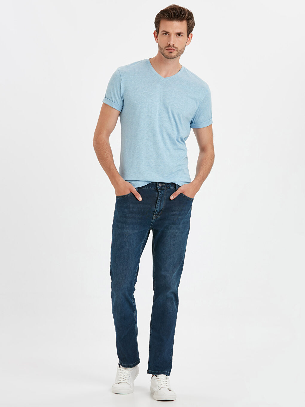 Mavi V Yaka Kısa Kollu Erkek Penye Erkek Tişört-2