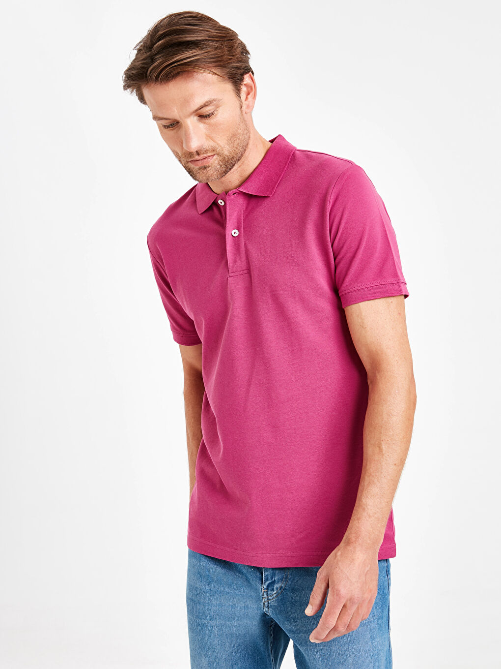Fuşya Polo Yaka Kısa Kollu Pike Erkek Tişört-1