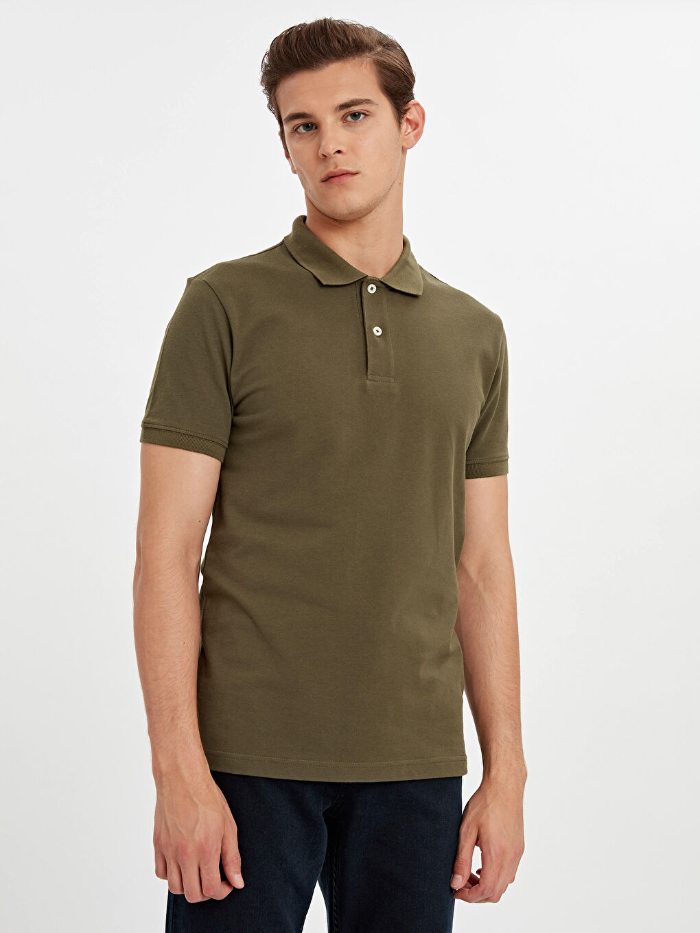 Haki Polo Yaka Kısa Kollu Pike Erkek Tişört-1