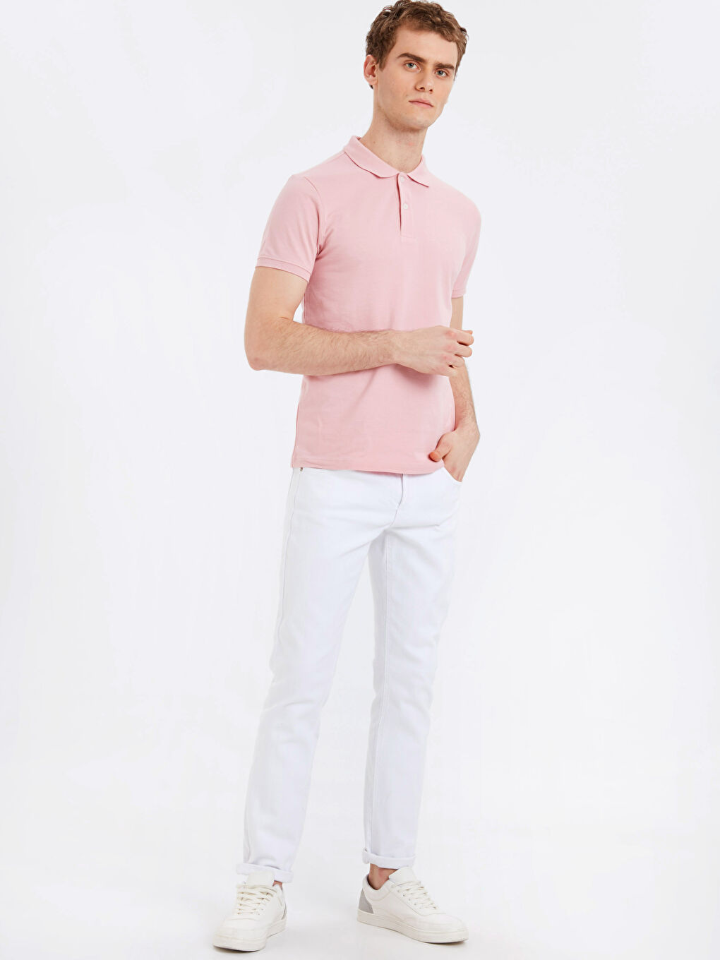 Pembe Polo Yaka Kısa Kollu Pike Erkek Tişört-2