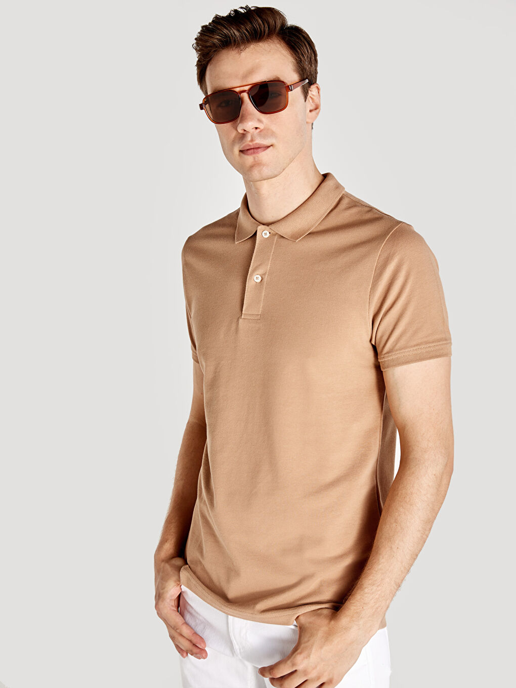 Bej Polo Yaka Kısa Kollu Pike Erkek Tişört-1