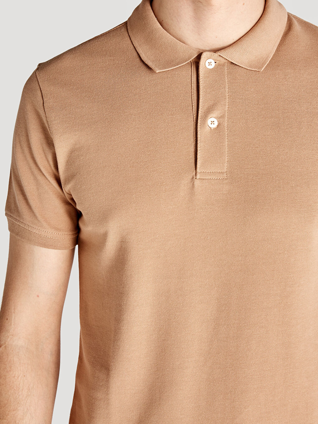 Bej Polo Yaka Kısa Kollu Pike Erkek Tişört-4