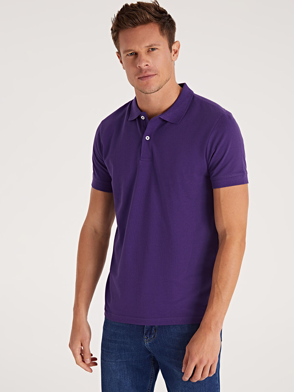 Mor Polo Yaka Kısa Kollu Pike Erkek Tişört-1