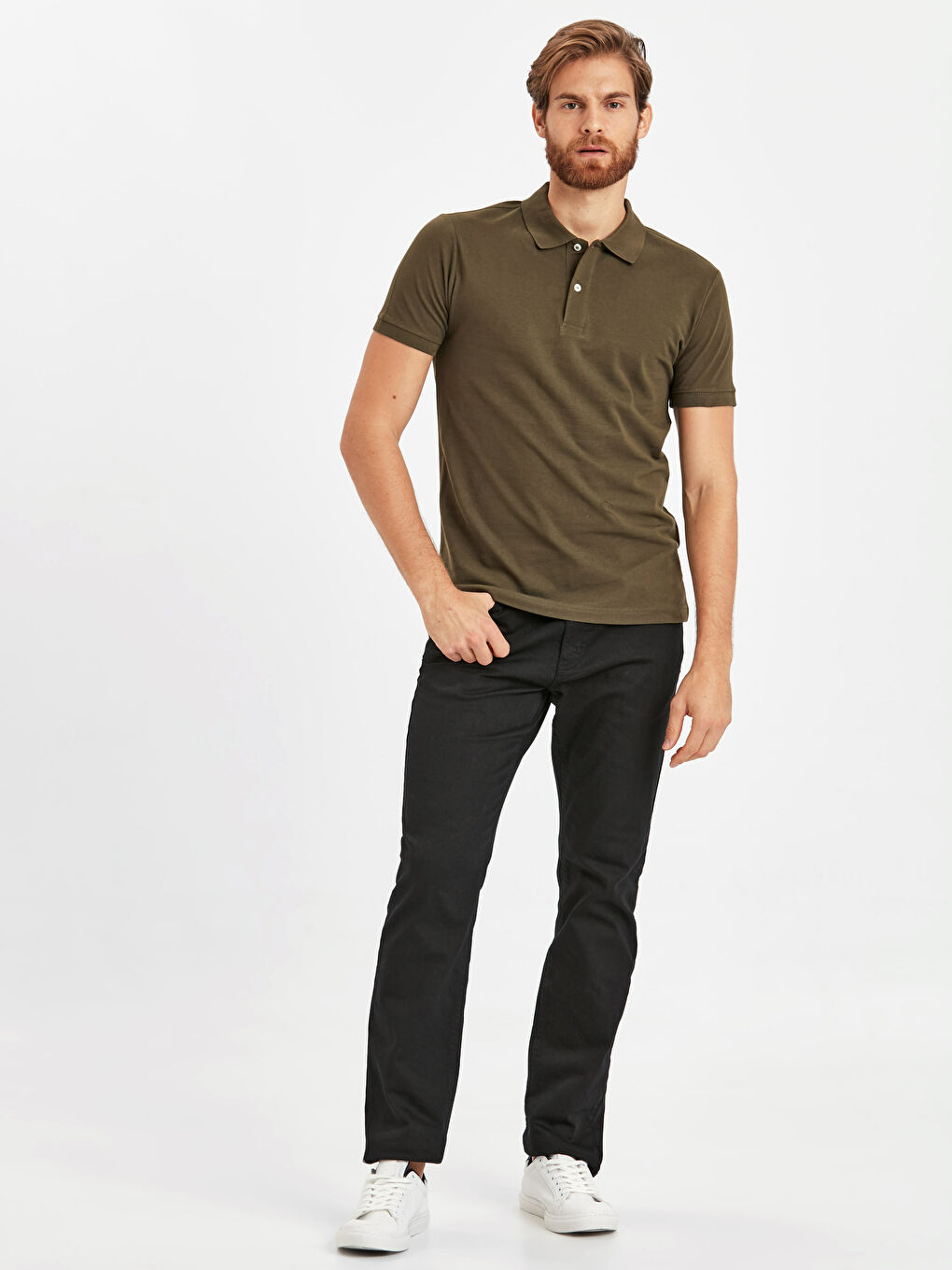 Haki Polo Yaka Kısa Kollu Pike Erkek Tişört-2