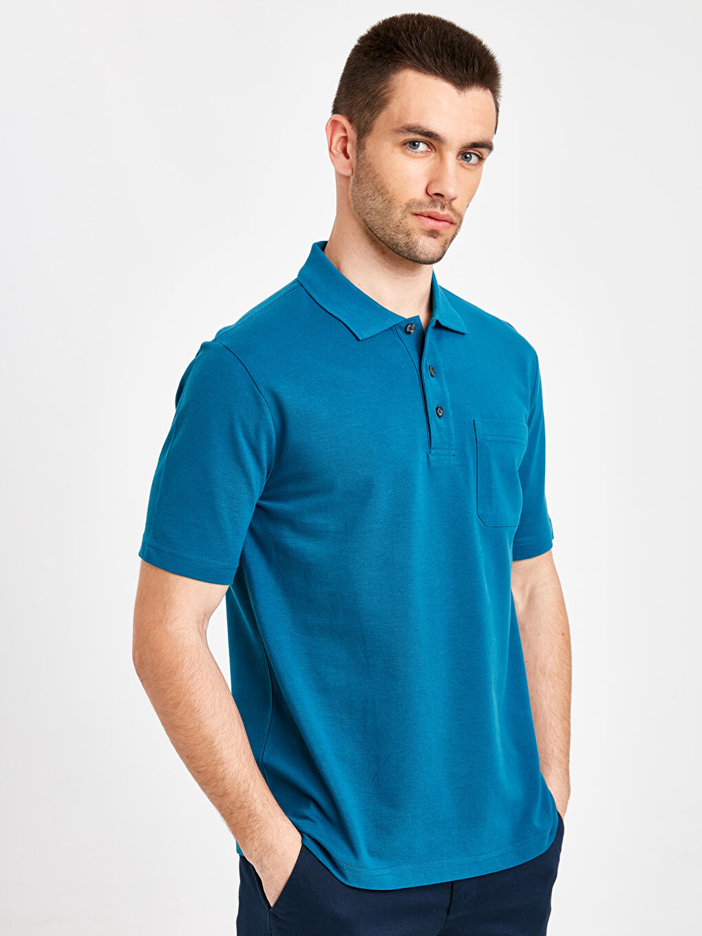 Petrol Baskılı Polo Yaka Kısa Kollu Pike Tişört-1