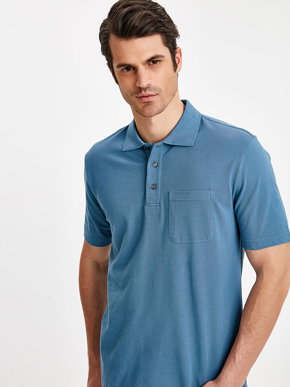 Mavi Baskılı Polo Yaka Kısa Kollu Pike Tişört