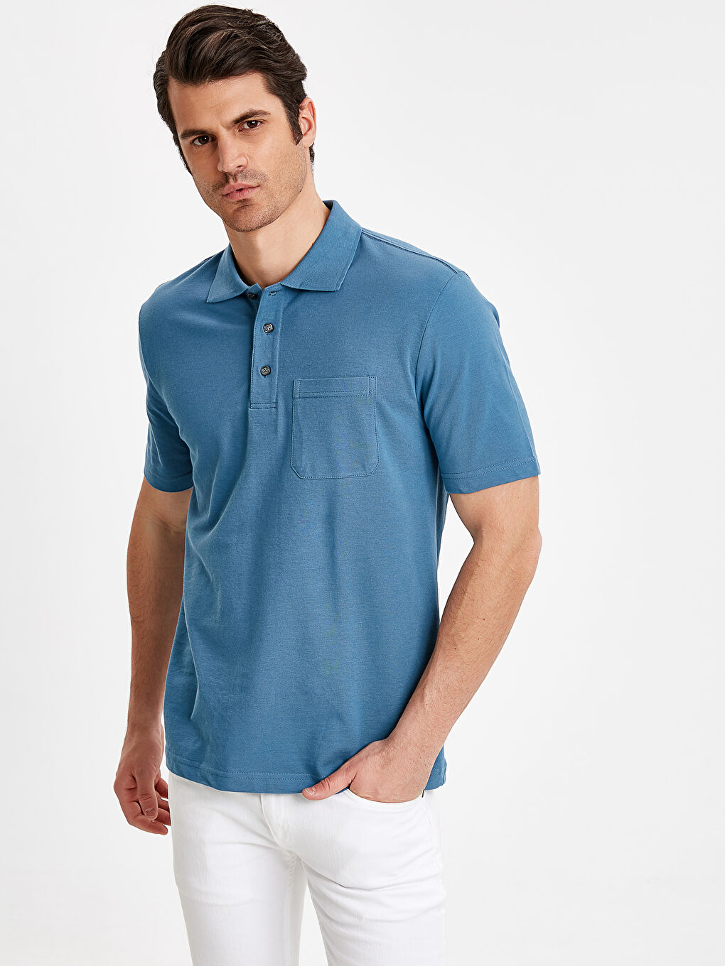 Mavi Baskılı Polo Yaka Kısa Kollu Pike Tişört-1