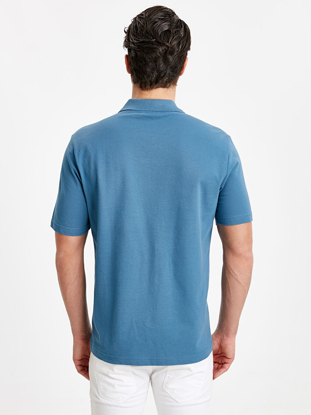 Mavi Baskılı Polo Yaka Kısa Kollu Pike Tişört-2
