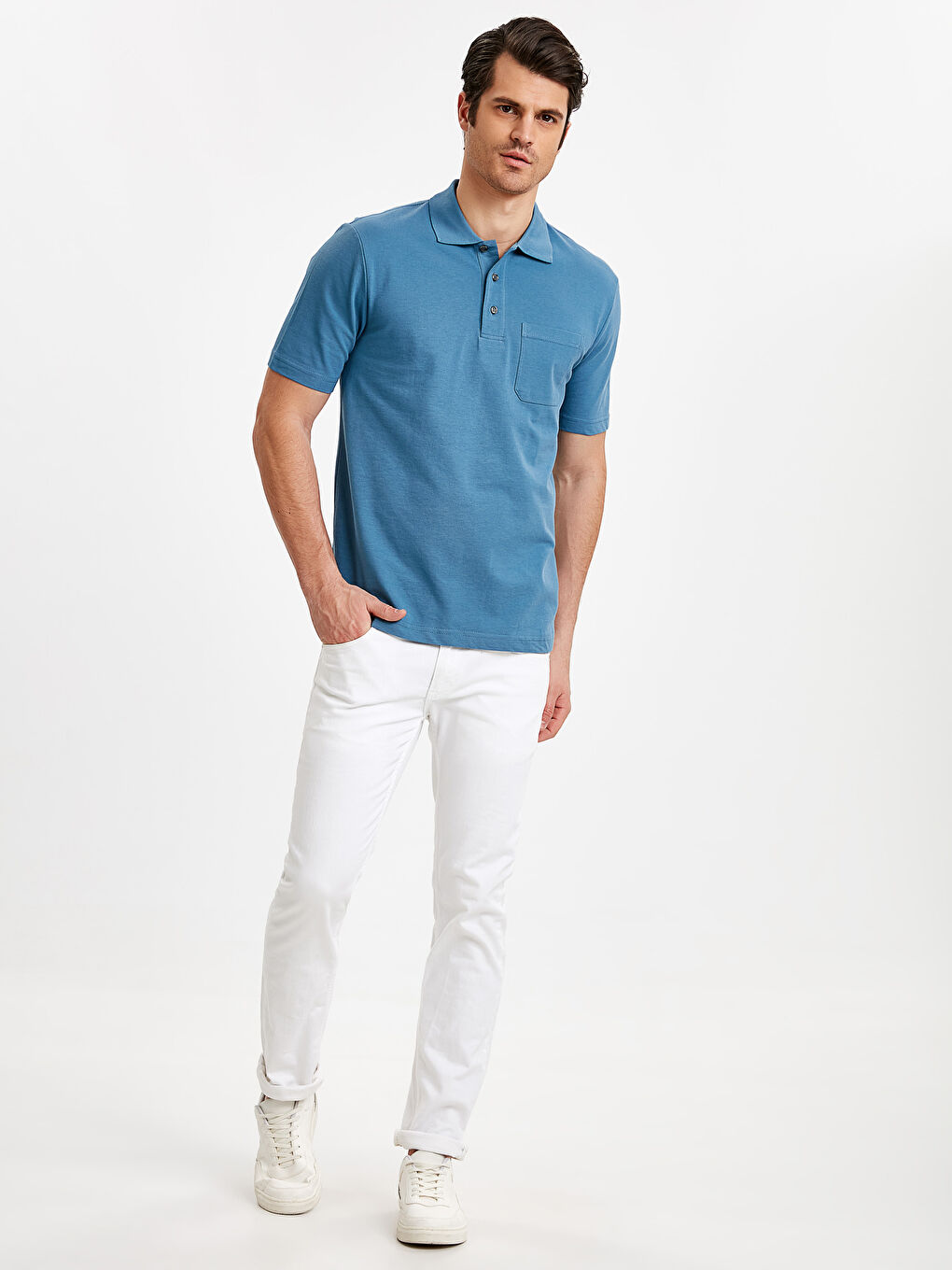 Mavi Baskılı Polo Yaka Kısa Kollu Pike Tişört-3