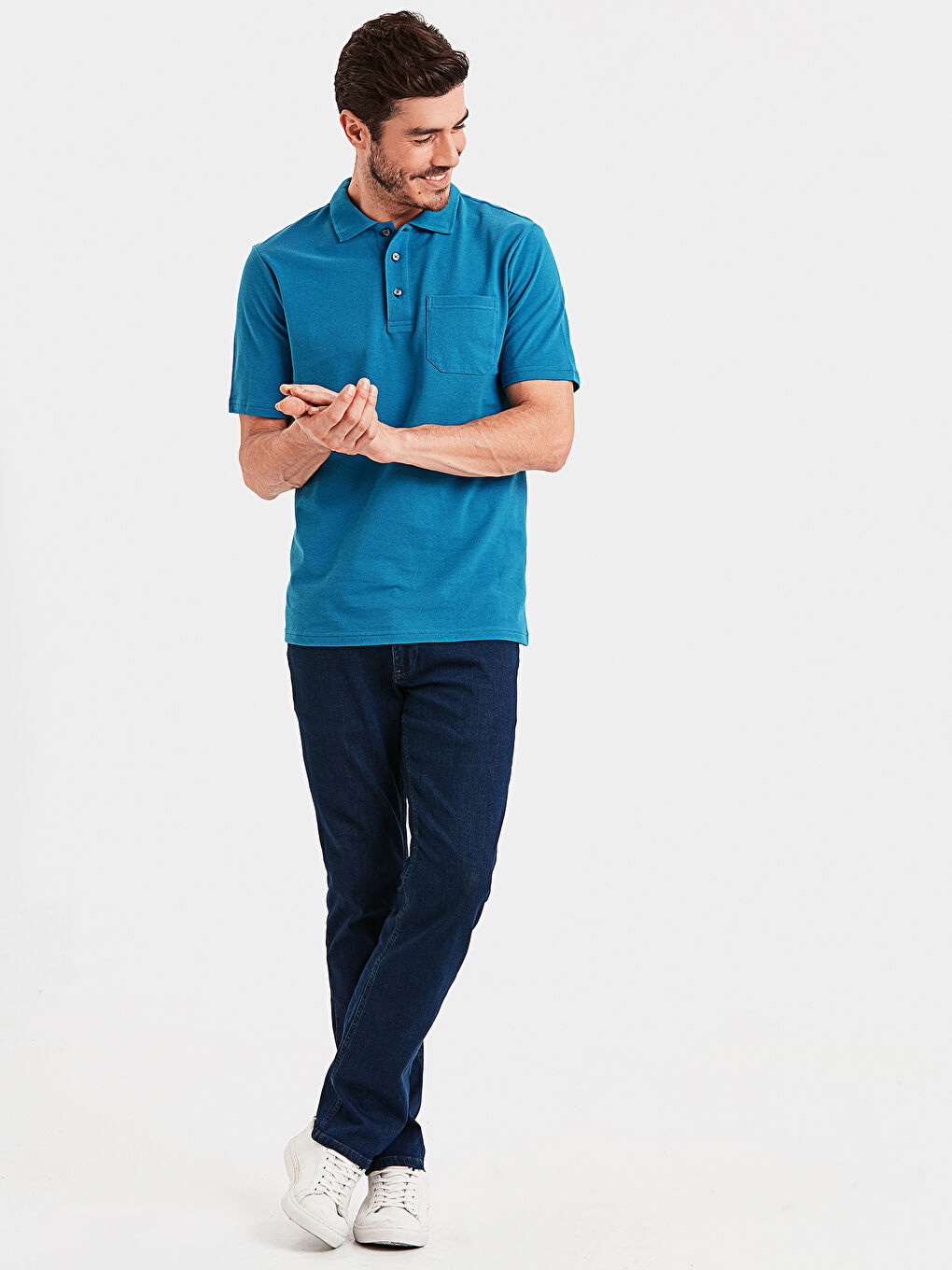 Mavi Baskılı Polo Yaka Kısa Kollu Pike Tişört-2