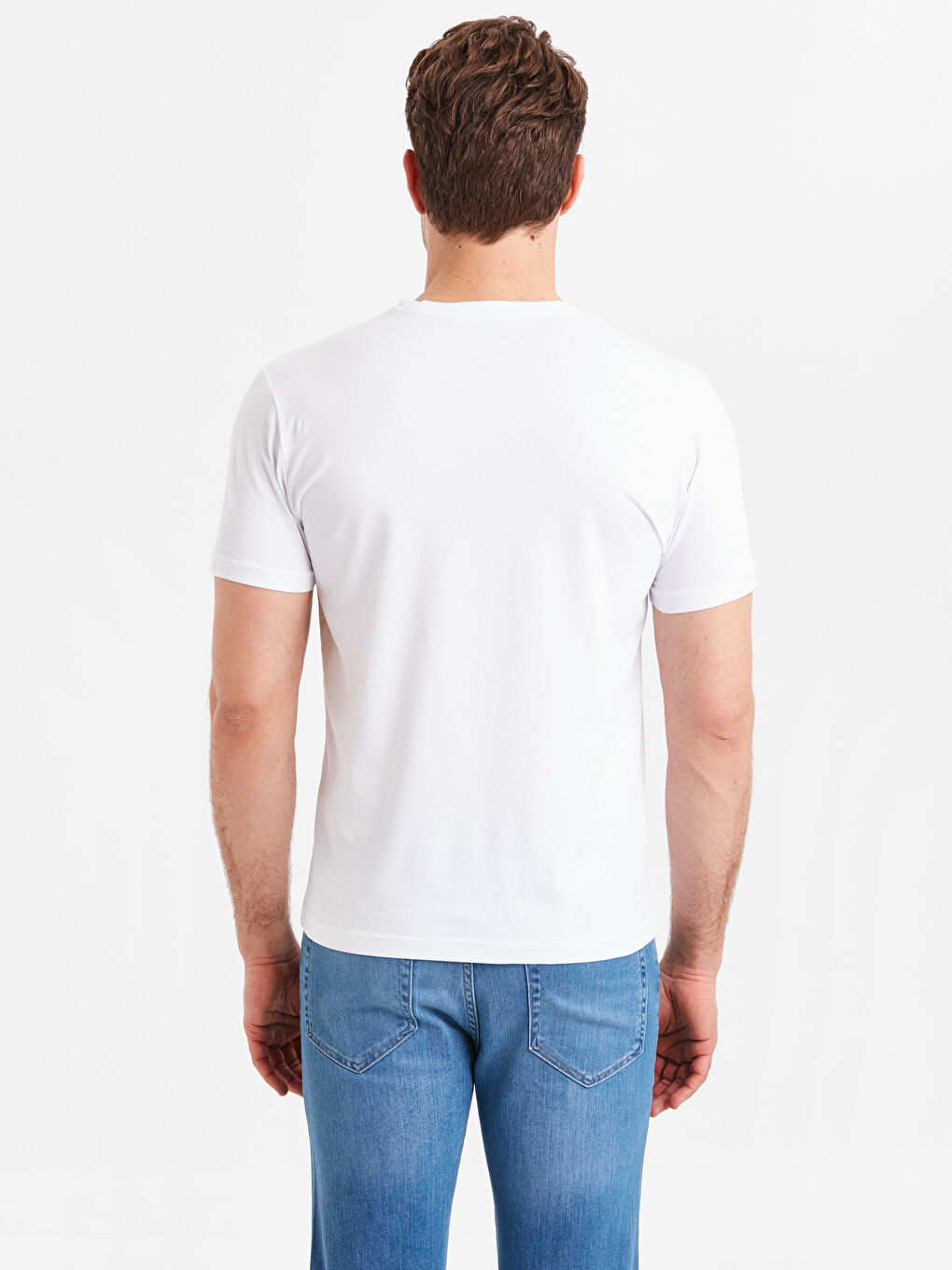 Beyaz V Yaka Kısa Kollu Pamuklu Tişört-1