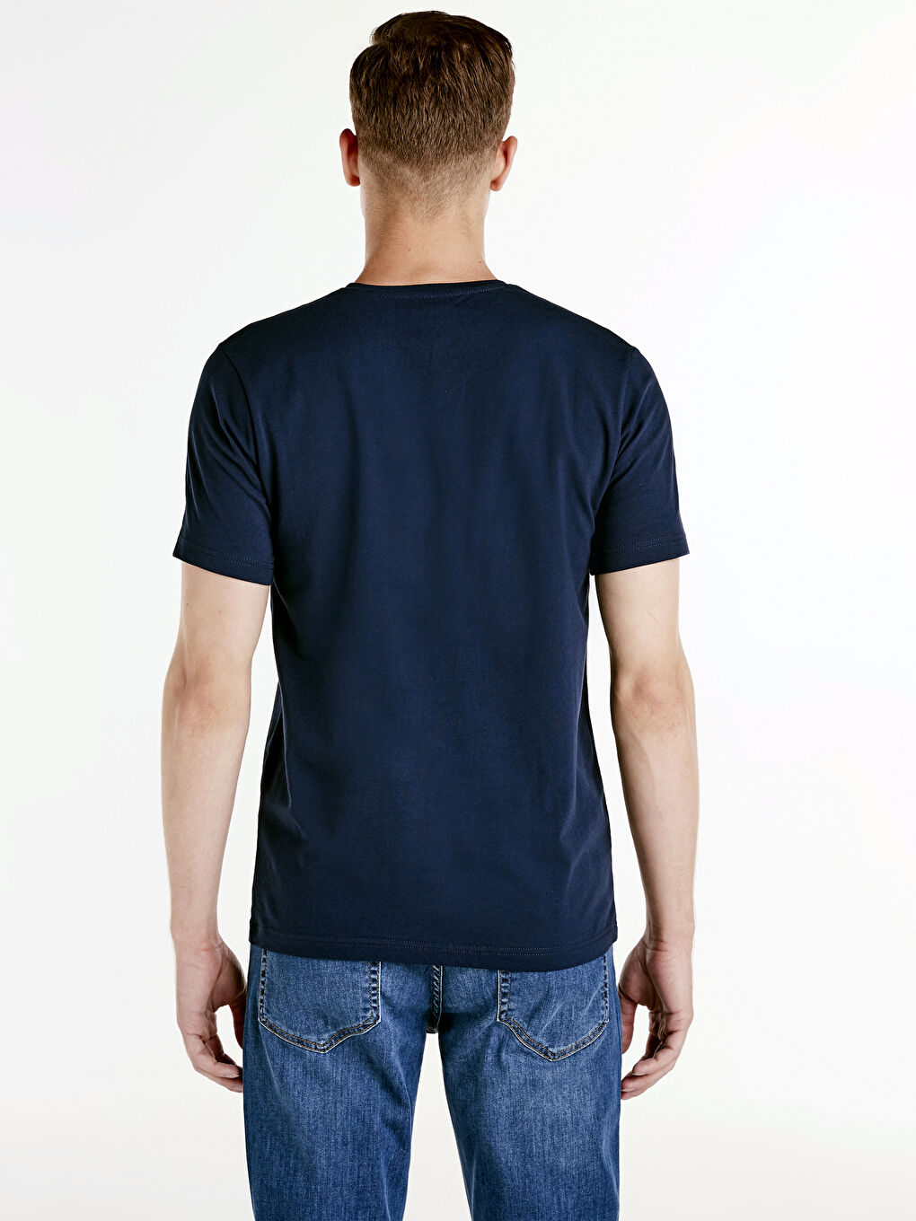 Lacivert V Yaka Kısa Kollu Pamuklu Tişört-2