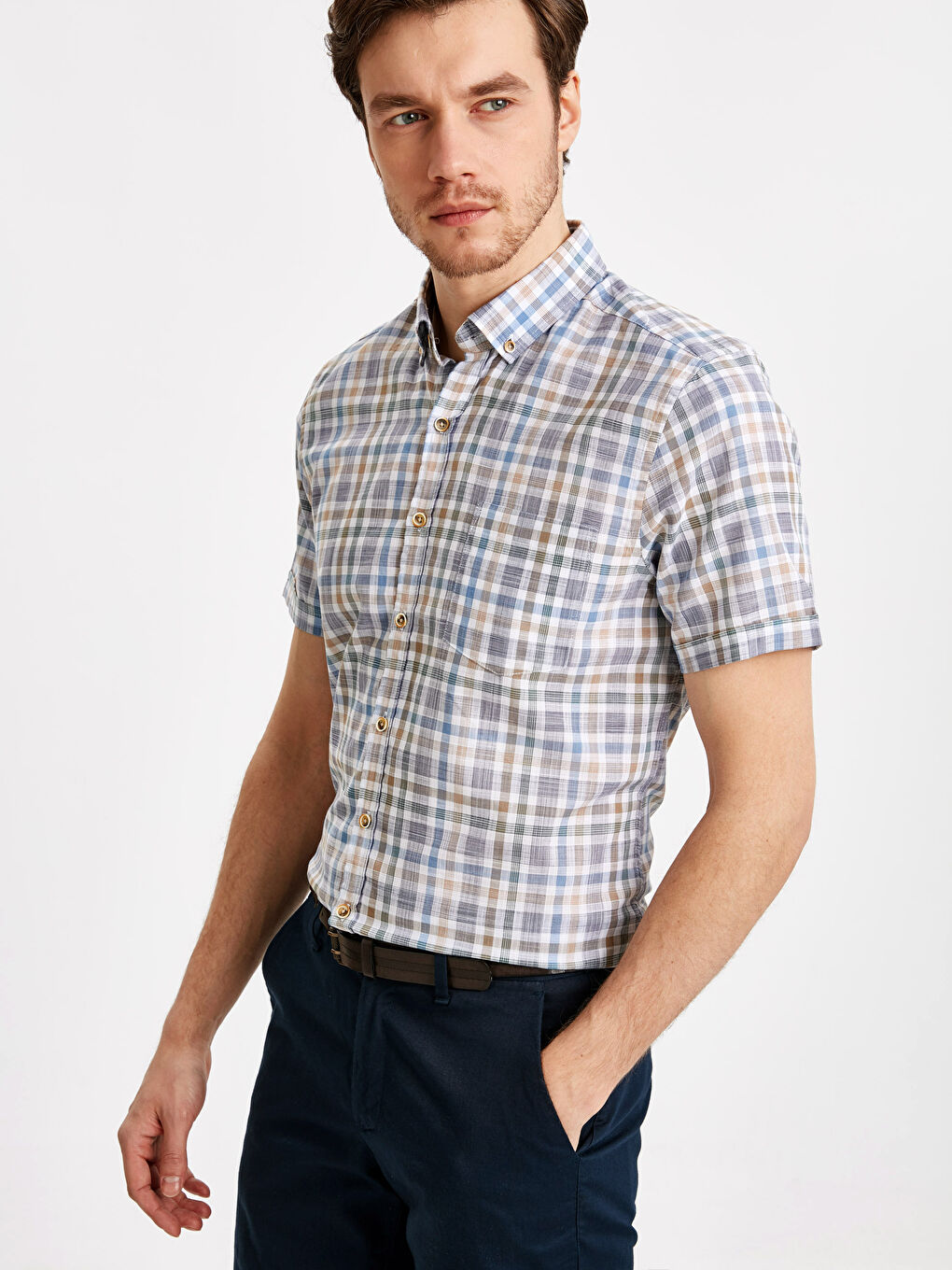 Рубашка Мужская Слим Фит с Коротким Рукавом из Поплина