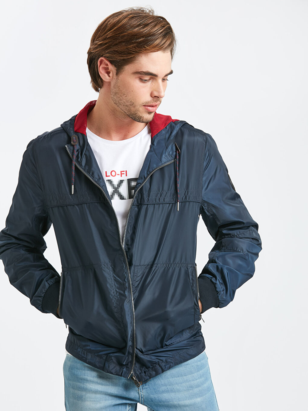 Lacivert Kapüşonlu İnce Mont