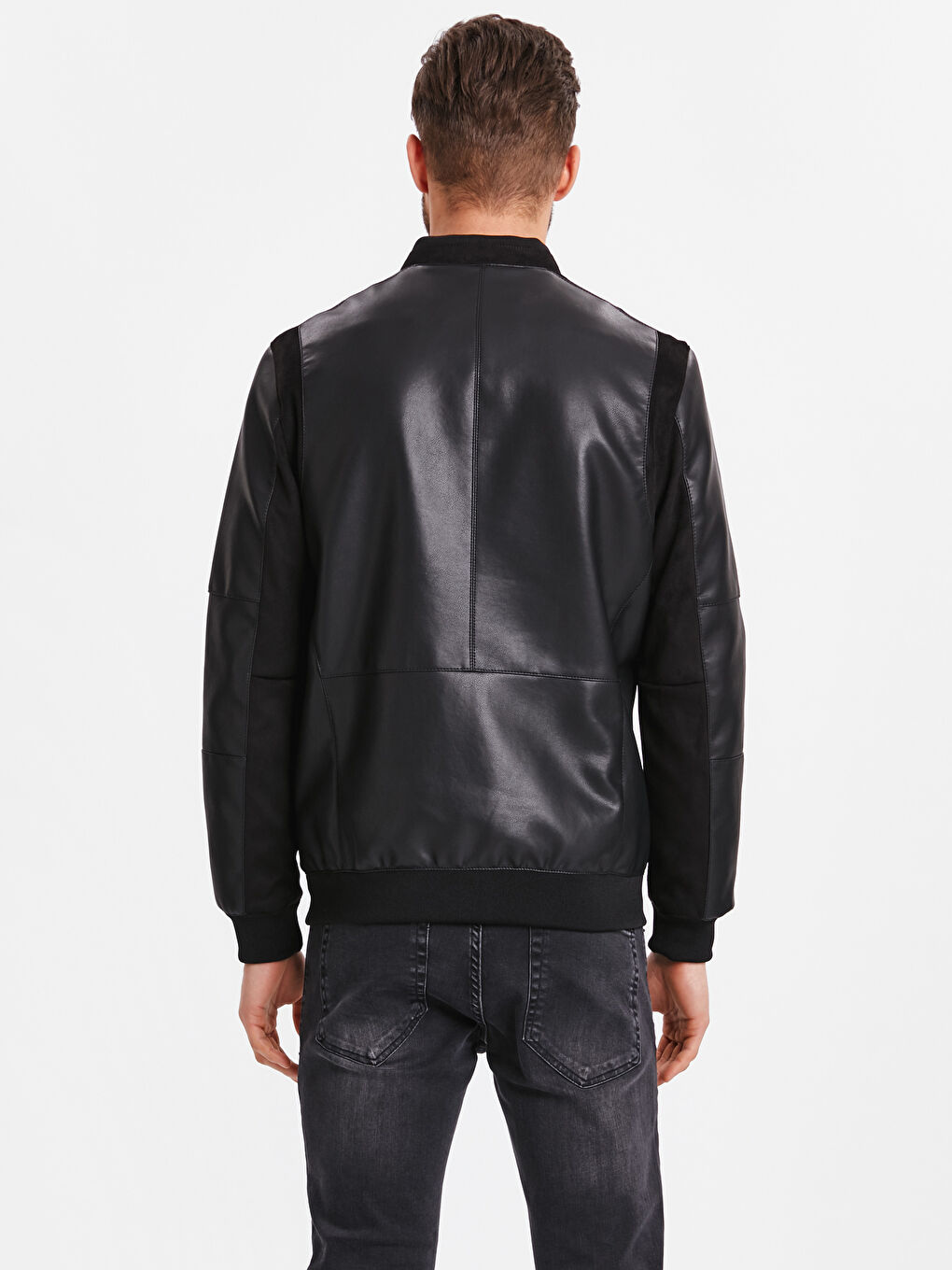 Siyah Sıyah Deri Görünümlü Mont-2