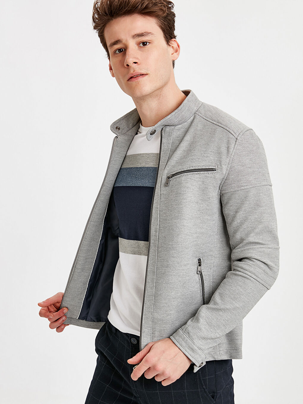 Antrasit Slim Fit Biker Yaka Erkek Mont