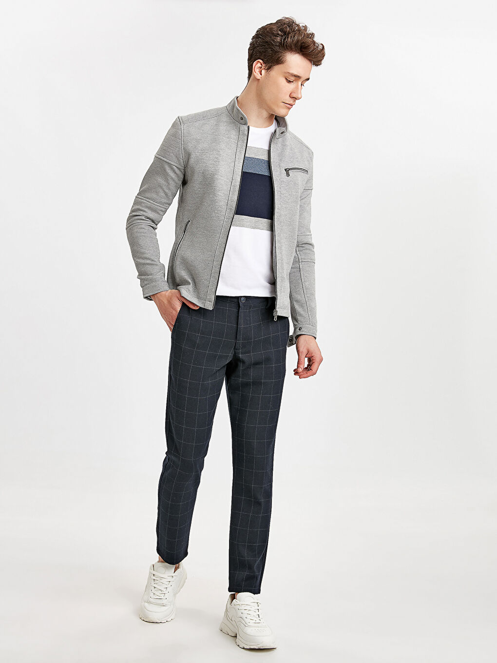 Antrasit Slim Fit Biker Yaka Erkek Mont-4