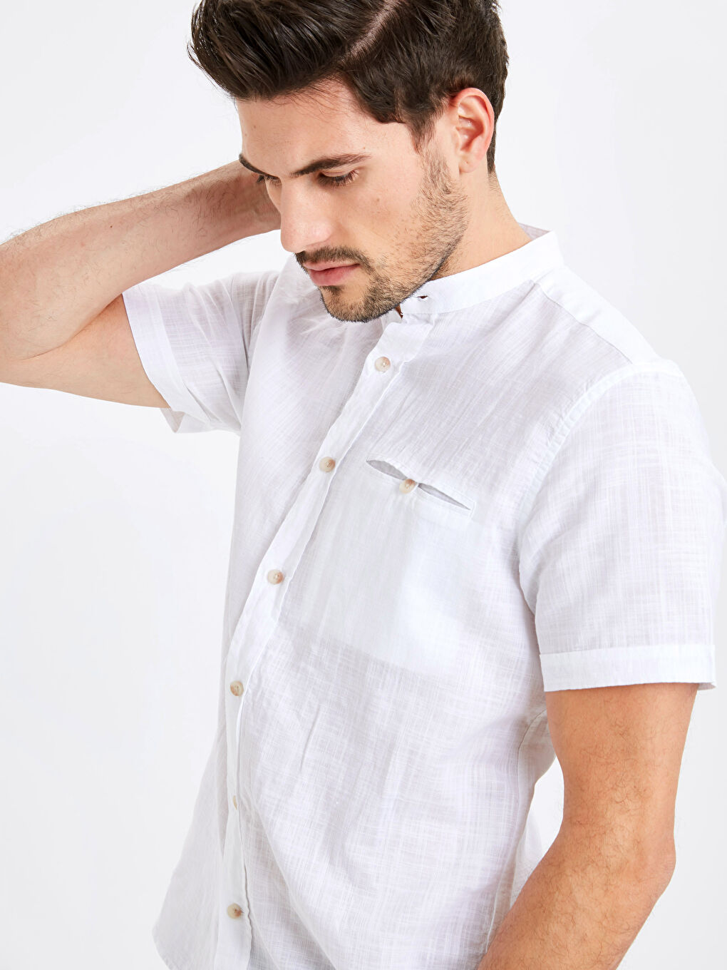 Regular Fit Grandad Collar Linen Blend Shirt -9S4161Z8-JYX