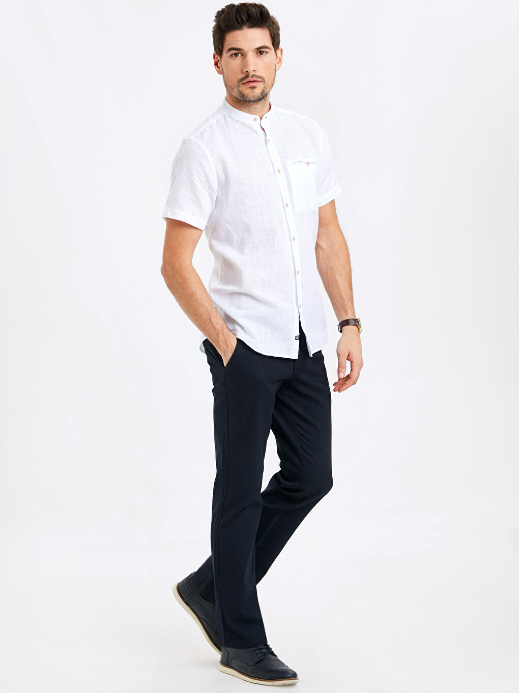 Regular Fit Grandad Collar Linen Blend Shirt -9S4161Z8-JYX