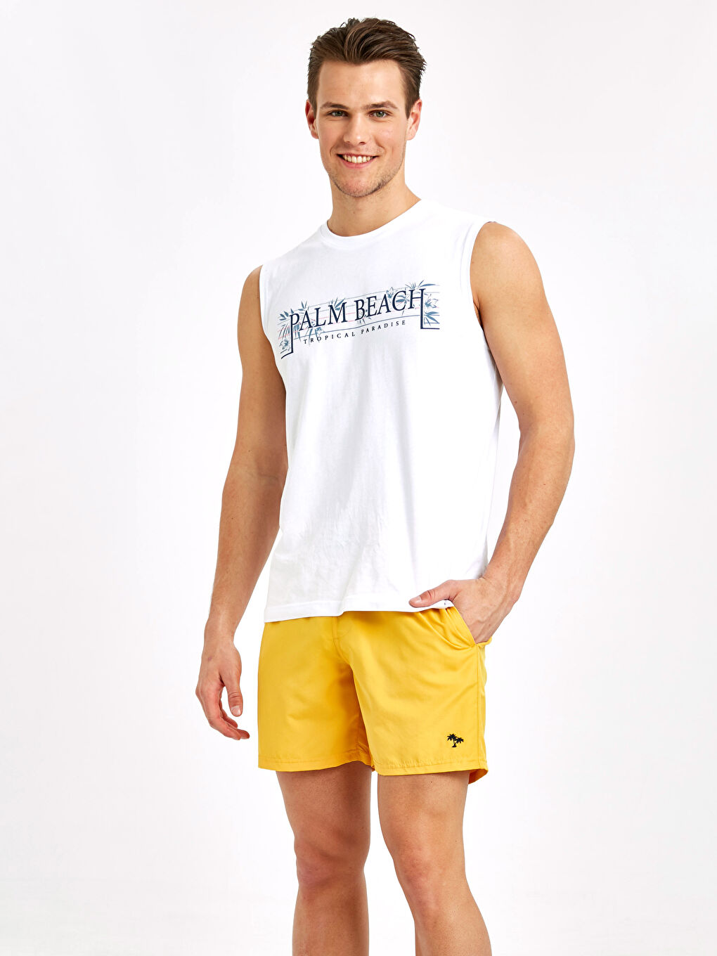 Sarı Diz Hizası Boy Basic Deniz Şortu-1