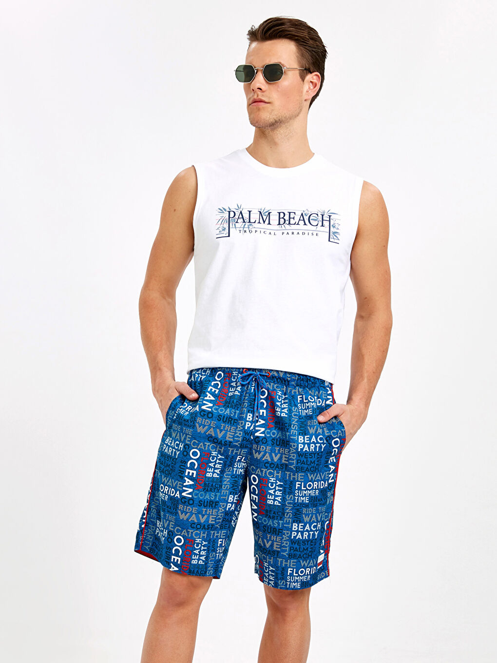 Mavi Diz Hizası Baskılı Deniz Şort