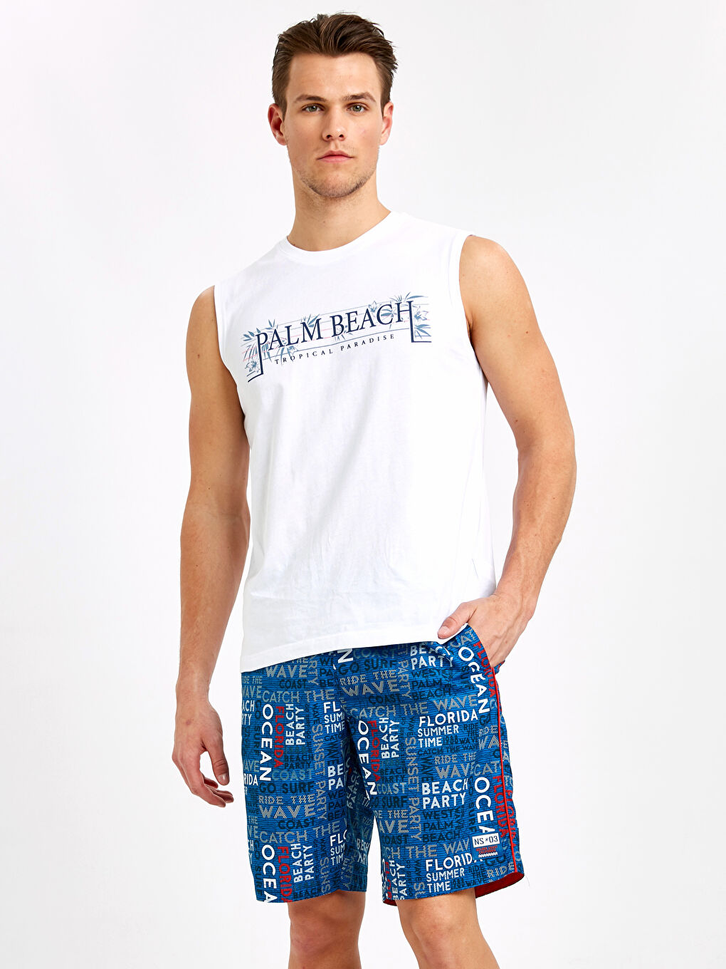 Mavi Diz Hizası Baskılı Deniz Şort-1