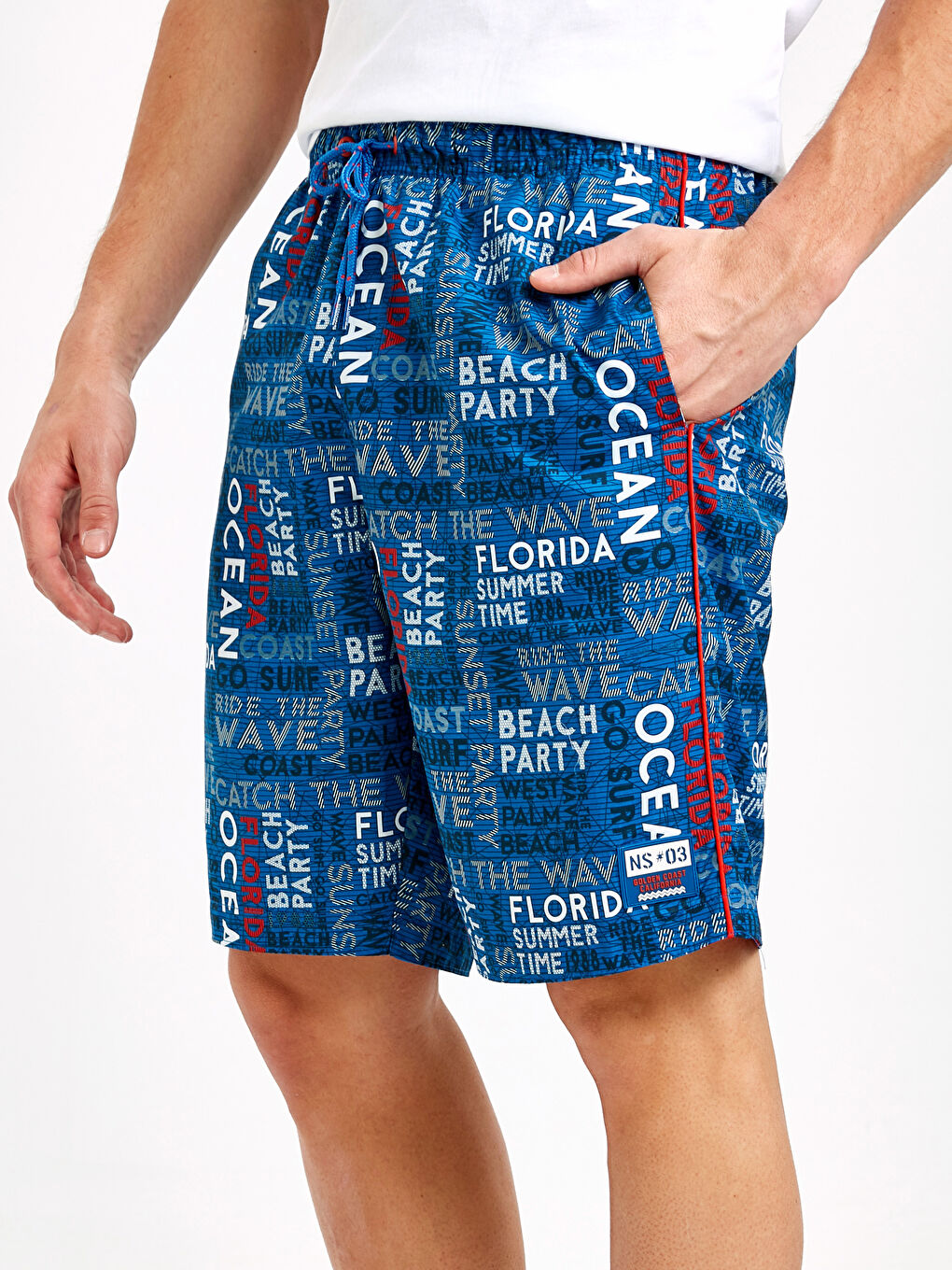 Mavi Diz Hizası Baskılı Deniz Şort-4