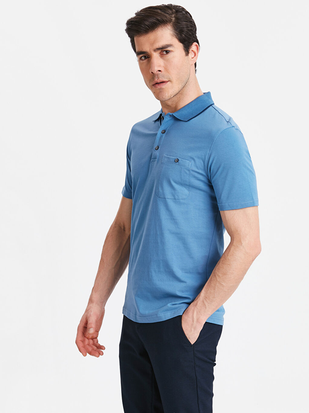 Mavi Polo Yaka Kısa Kollu Pamuklu Basic Tişört
