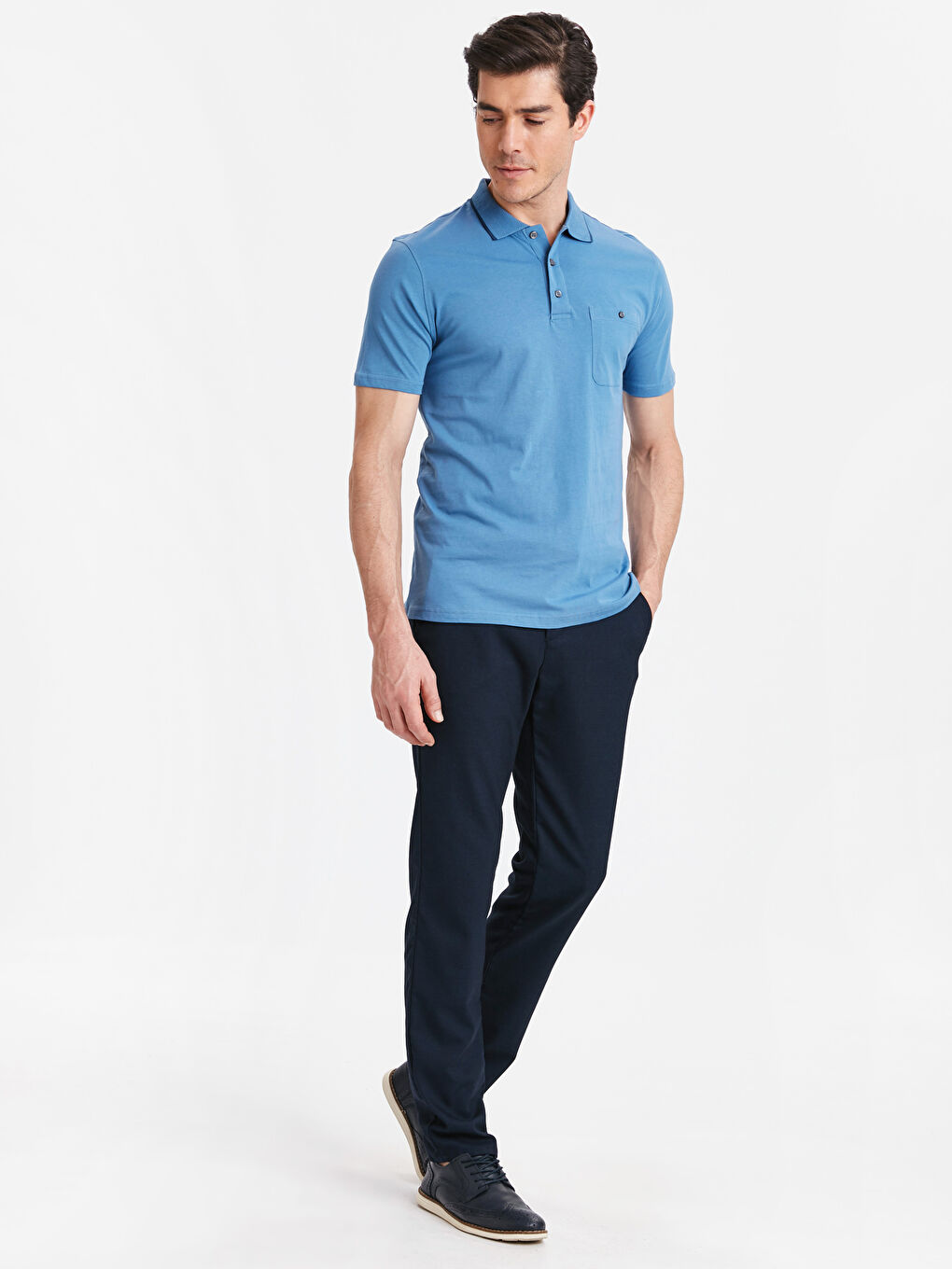 Mavi Polo Yaka Kısa Kollu Pamuklu Basic Tişört-2