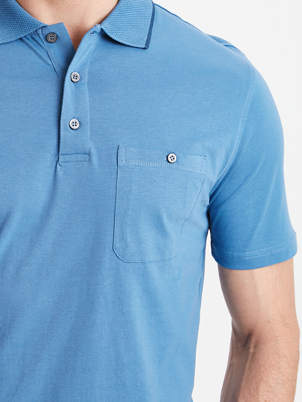 Mavi Polo Yaka Kısa Kollu Pamuklu Basic Tişört-3