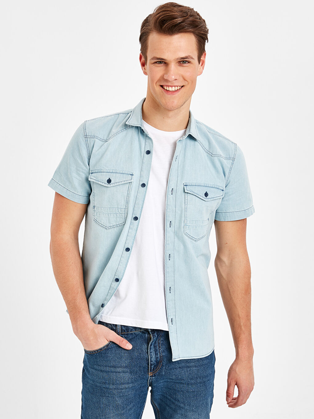 İndigo Slim Fit Kısa Kollu Jean Gömlek