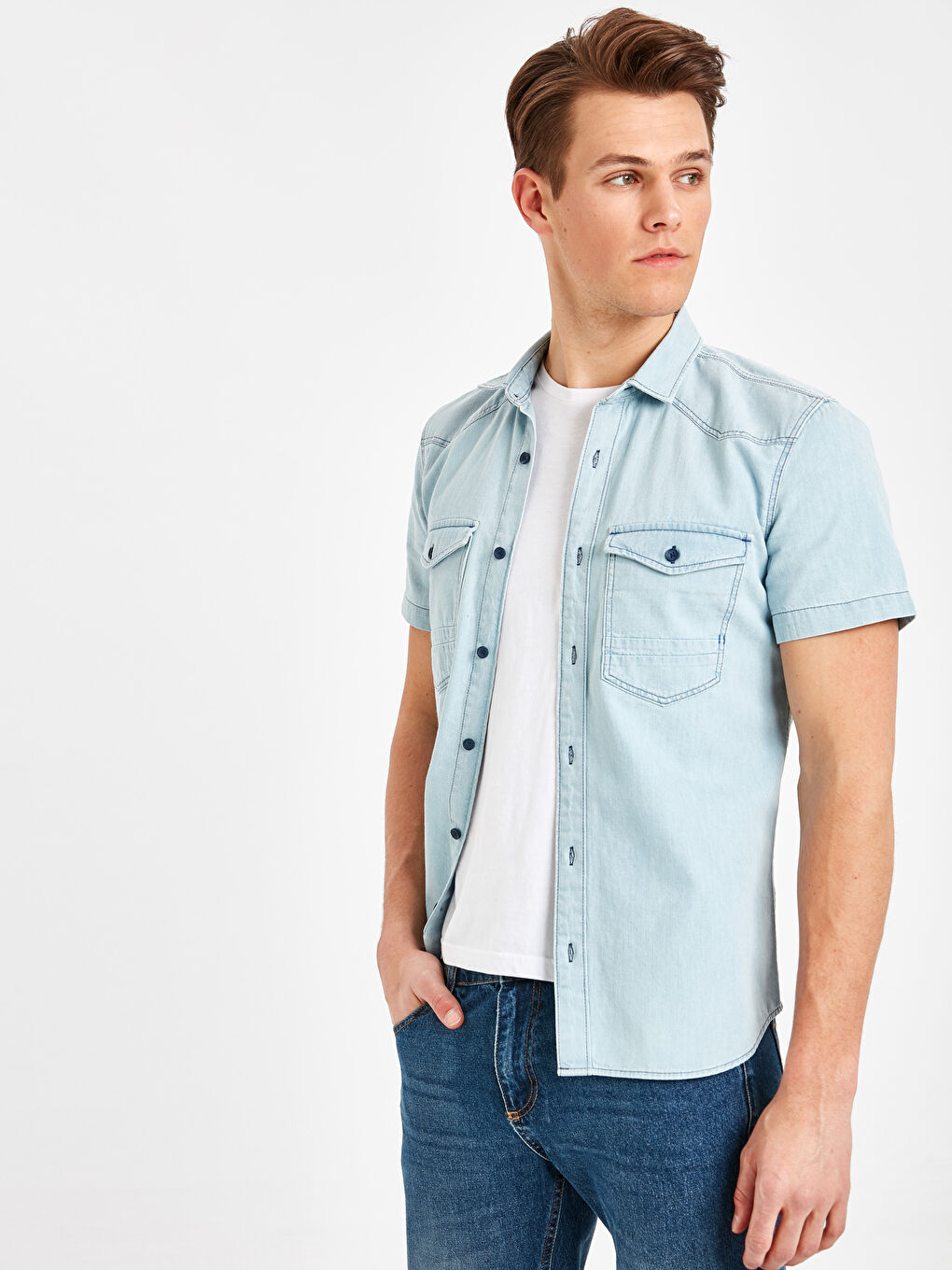 İndigo Slim Fit Kısa Kollu Jean Gömlek-1