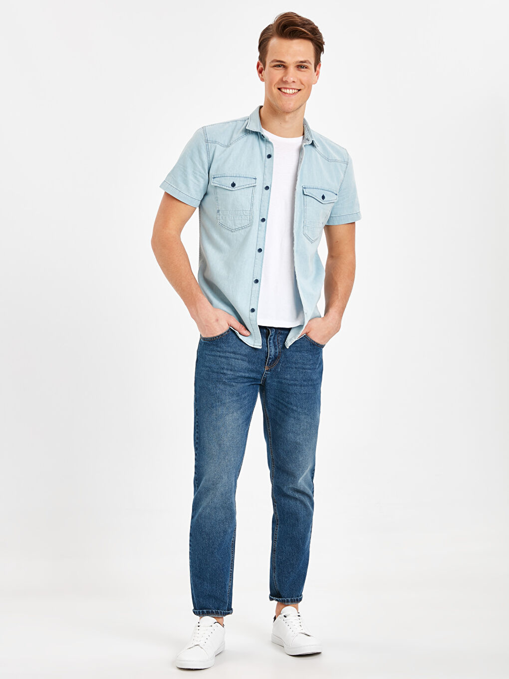 İndigo Slim Fit Kısa Kollu Jean Gömlek-3