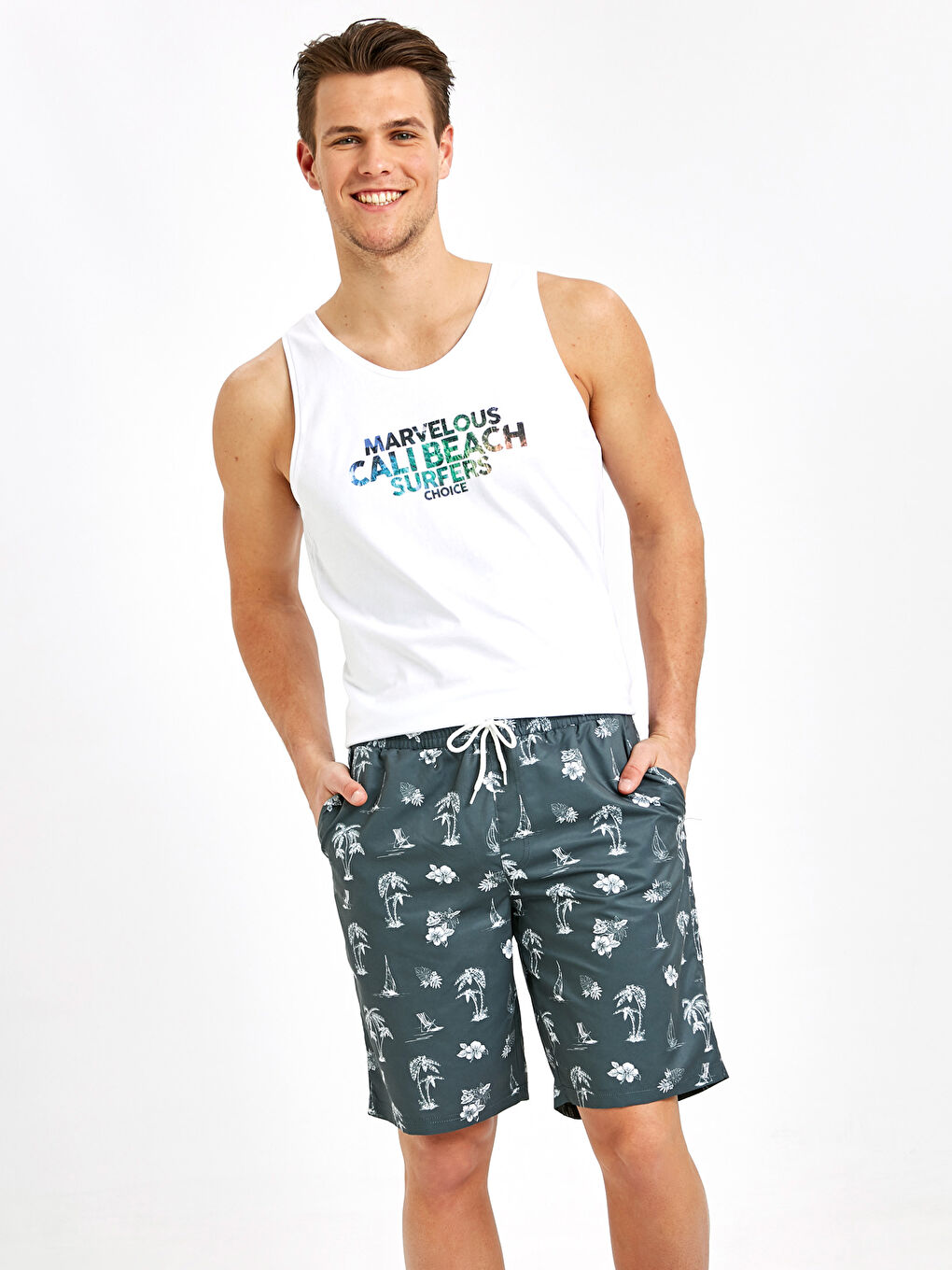 Antrasit Diz Hizası Baskılı Deniz Şort