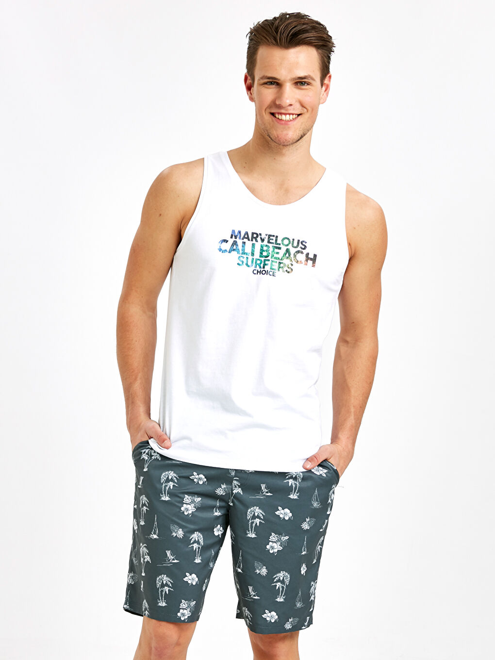 Antrasit Diz Hizası Baskılı Deniz Şort-1