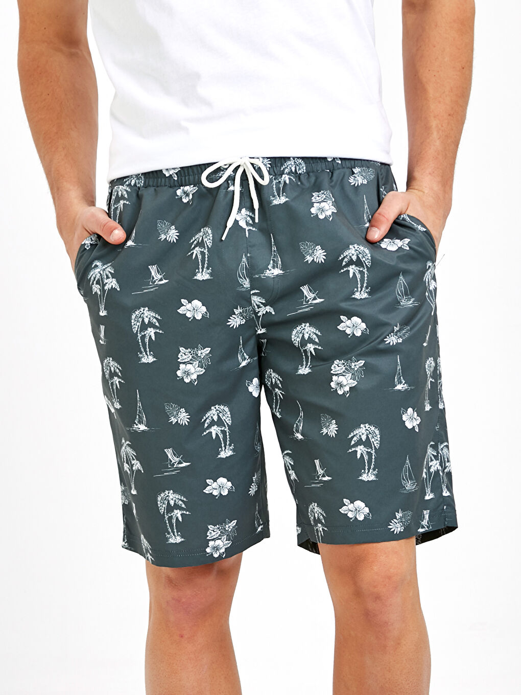 Antrasit Diz Hizası Baskılı Deniz Şort-4