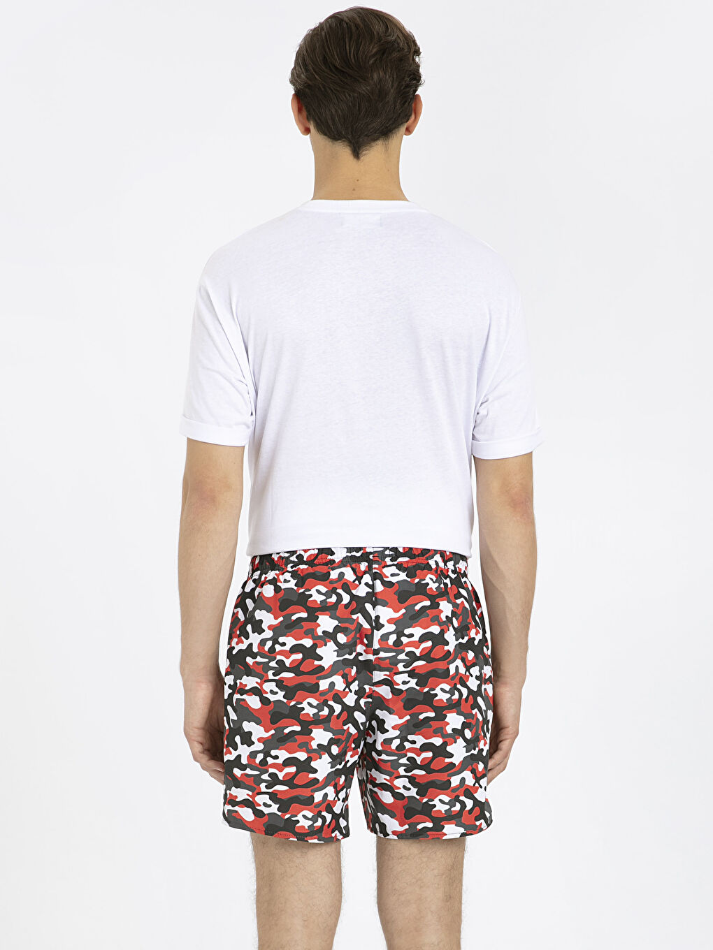 Kırmızı Kısa Boy Kamuflaj Baskılı Deniz Şortu-1
