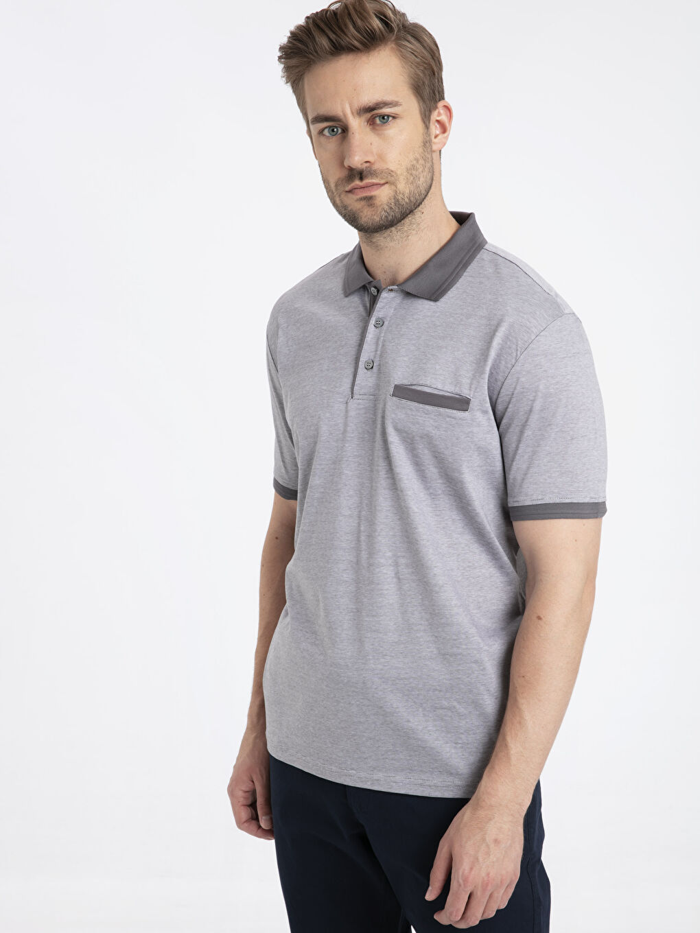 Antrasit Merserize Polo Yaka Kısa Kollu Erkek Tişört-1