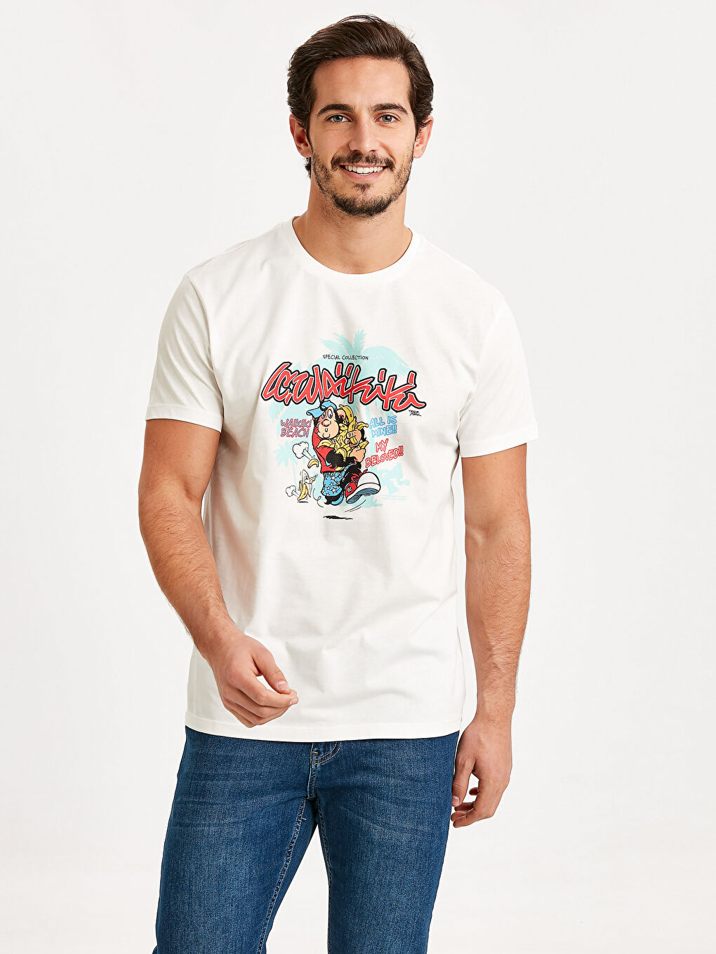 Beyaz Bisiklet Yaka Penye Erkek Tişört-1