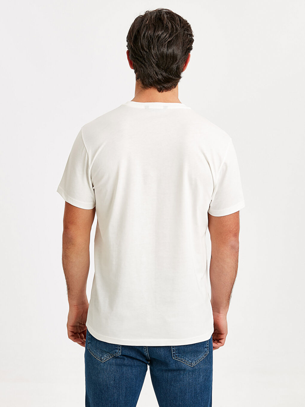 Beyaz Bisiklet Yaka Penye Erkek Tişört-2