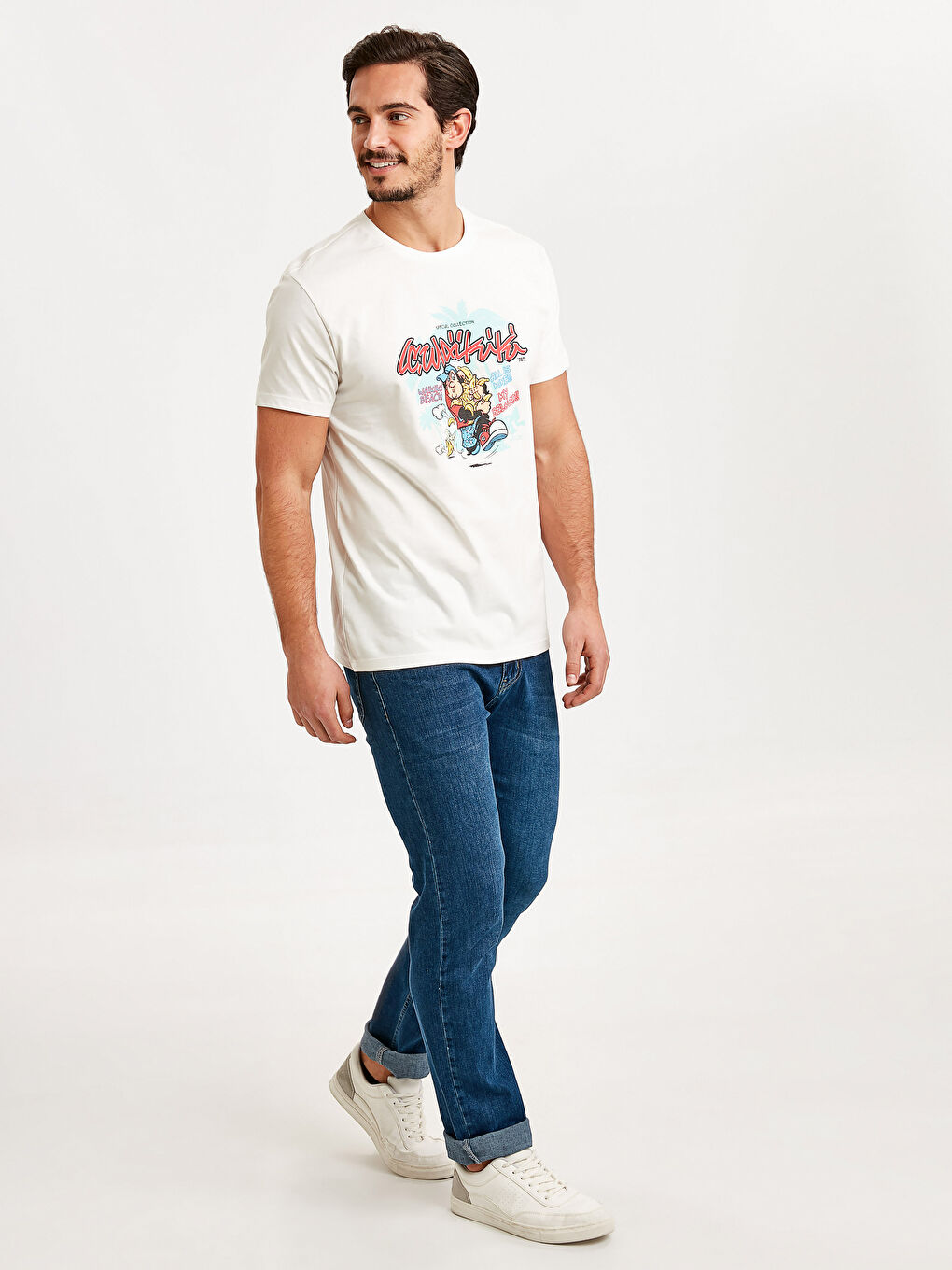 Beyaz Bisiklet Yaka Penye Erkek Tişört-3