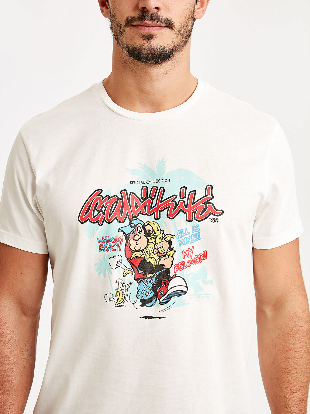 Beyaz Bisiklet Yaka Penye Erkek Tişört-4