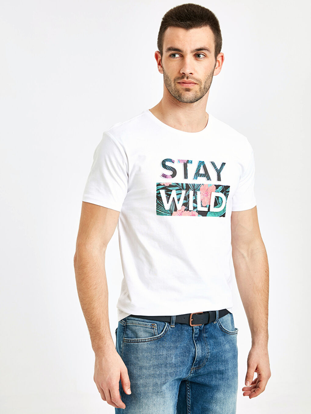 Beyaz Bisiklet Yaka Penye Erkek Tişört-1