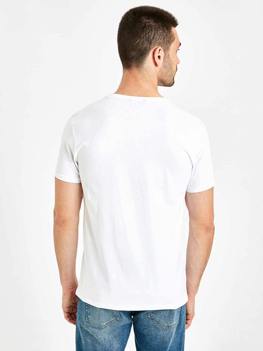 Beyaz Bisiklet Yaka Penye Erkek Tişört-2