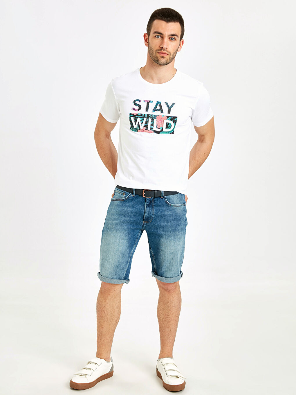 Beyaz Bisiklet Yaka Penye Erkek Tişört-3